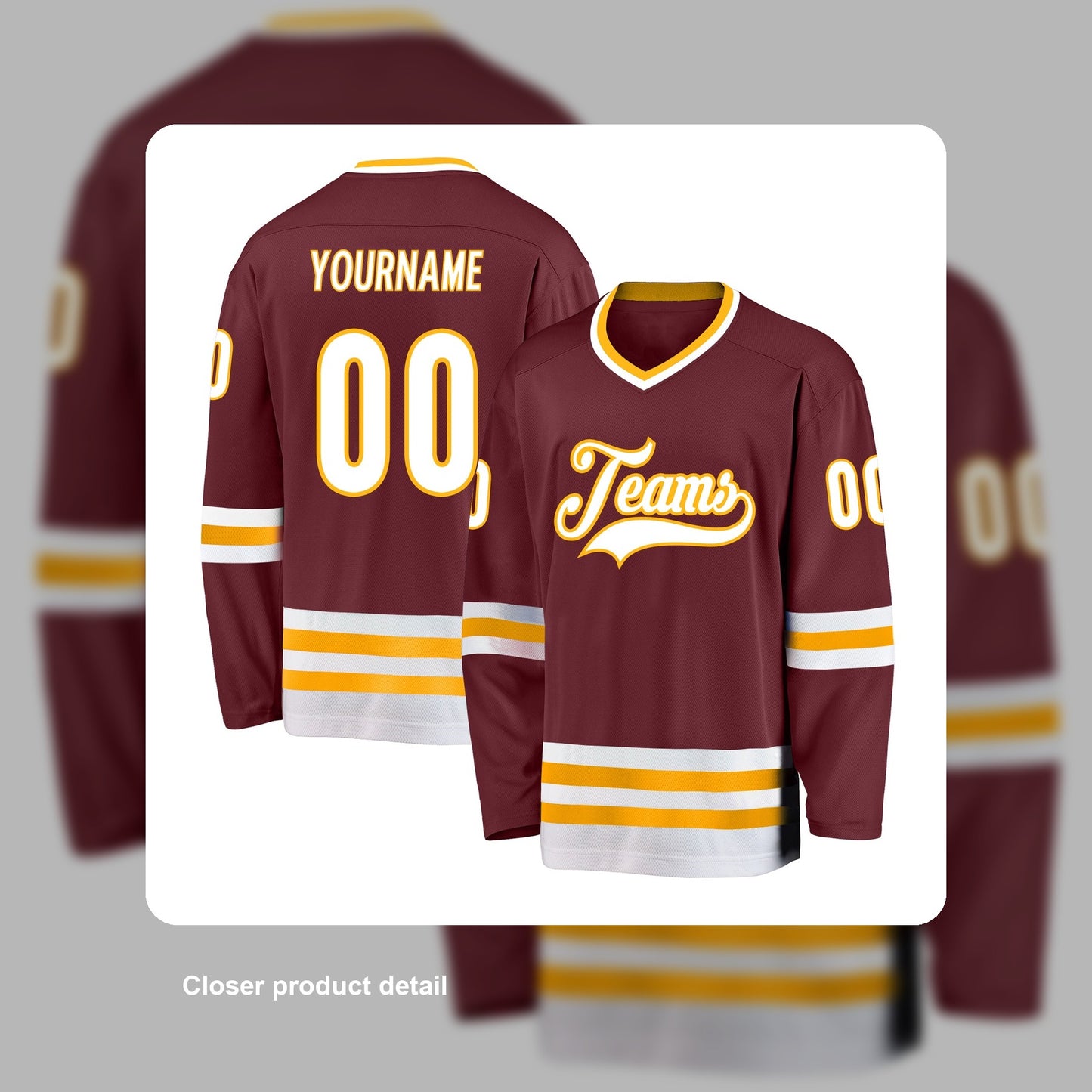 Custom Burgundy White-Gold Hockey Jersey - Detail close-up