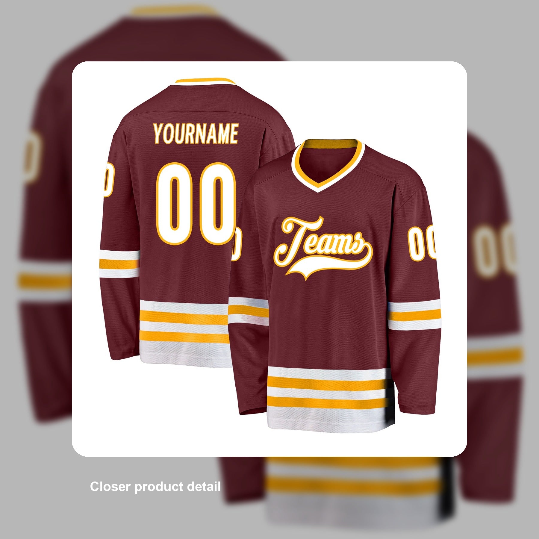 Custom Burgundy White-Gold Hockey Jersey - Detail close-up