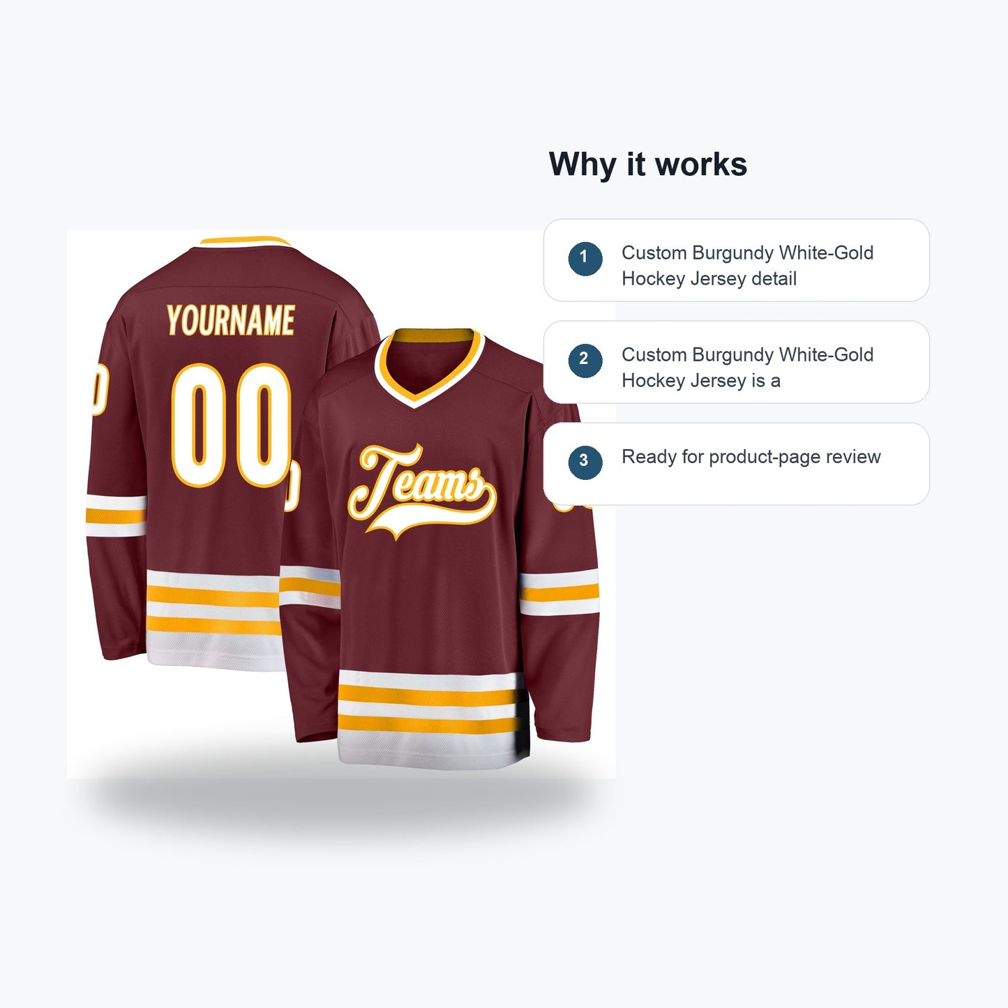 Custom Burgundy White-Gold Hockey Jersey - Feature callouts
