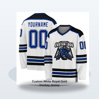 Custom White Royal-Gold Hockey Jersey - Soft studio hero