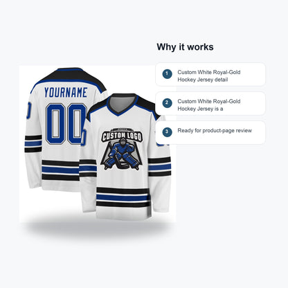 Custom White Royal-Gold Hockey Jersey - Feature callouts