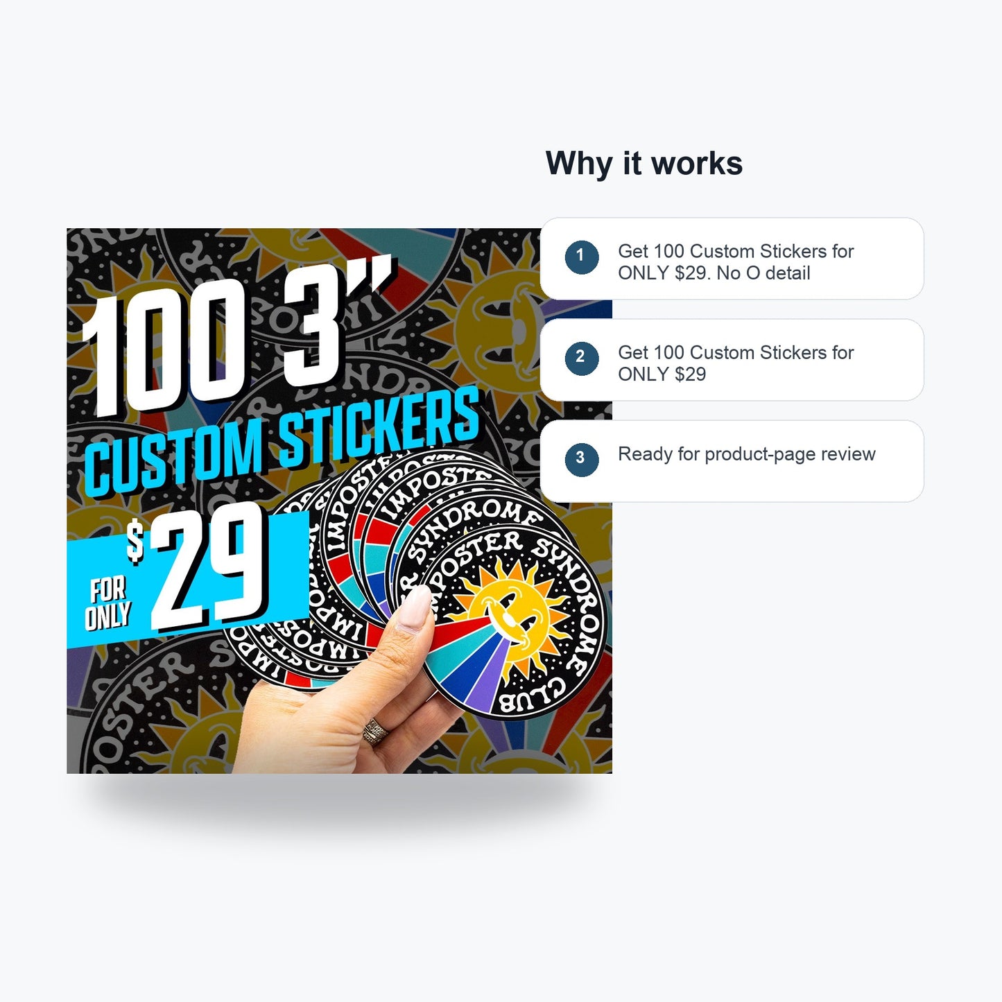 Get 100 Custom Stickers for ONLY $29. No Order Limit, ! - Feature callouts
