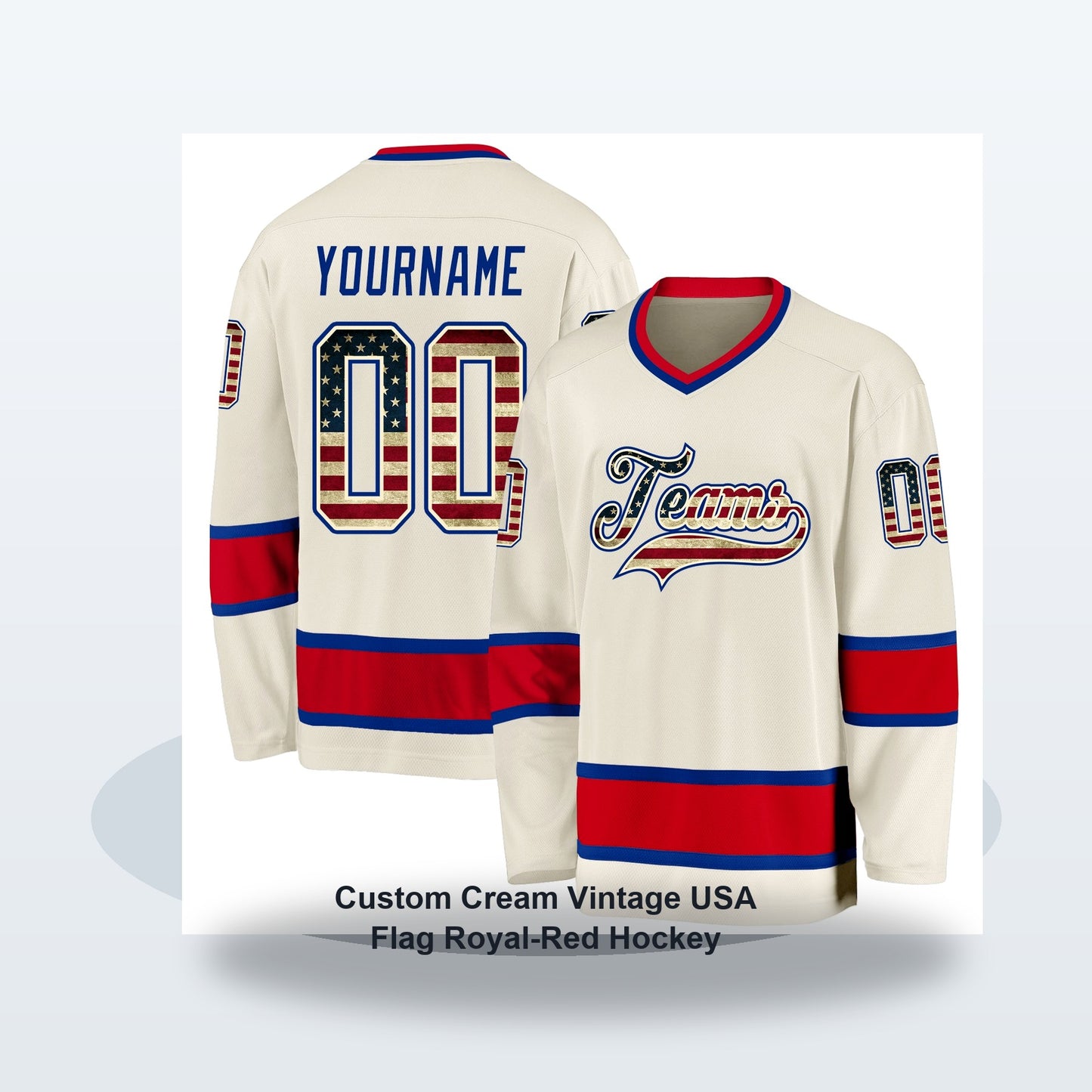 Custom Cream Vintage USA Flag Royal-Red Hockey Jersey - Soft studio hero