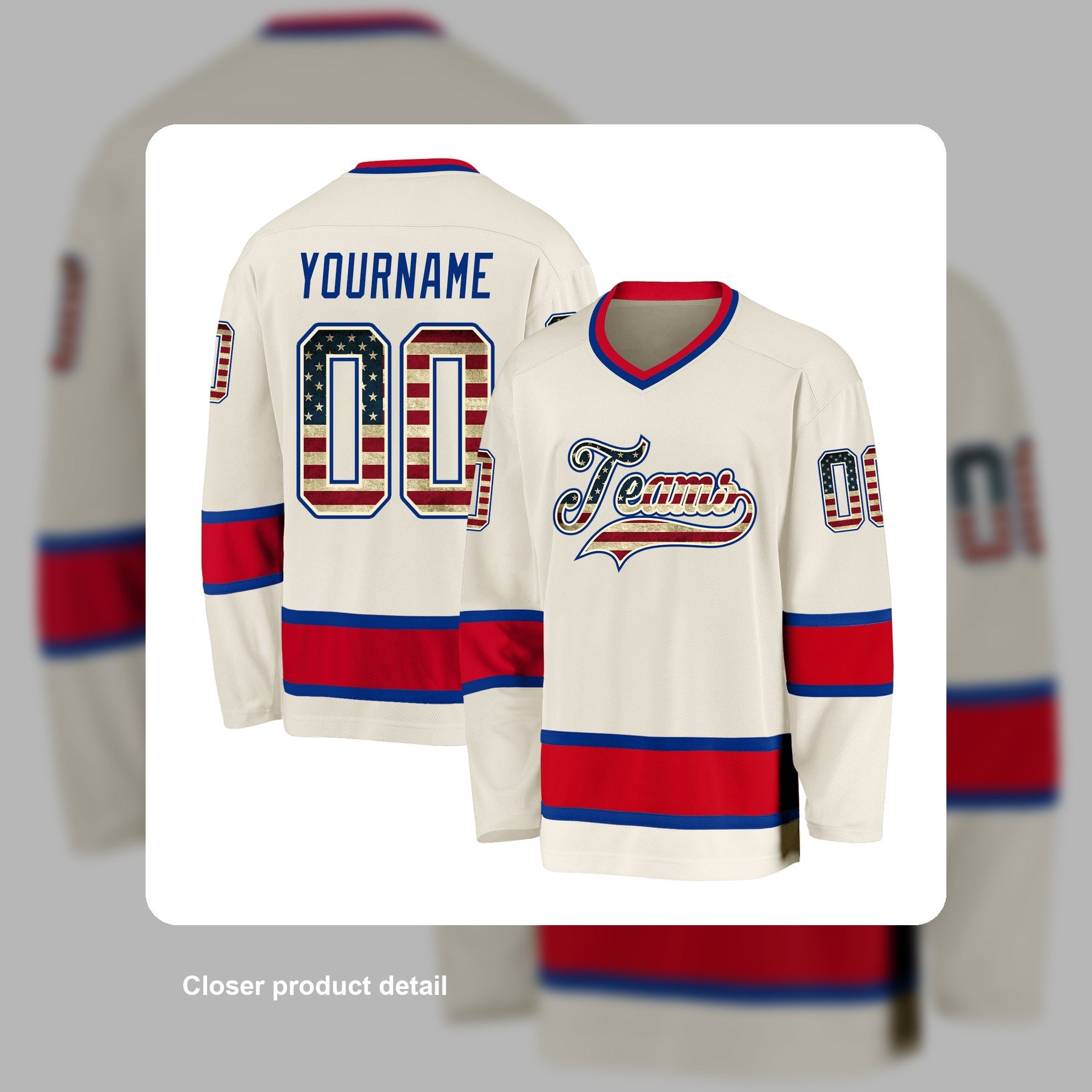 Custom Cream Vintage USA Flag Royal-Red Hockey Jersey - Detail close-up