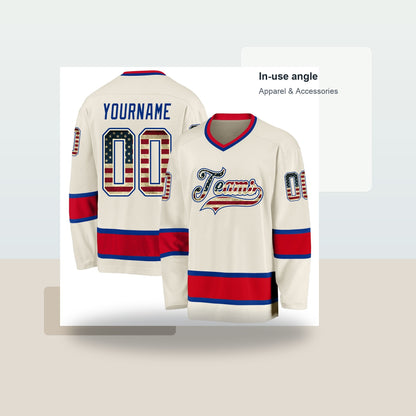 Custom Cream Vintage USA Flag Royal-Red Hockey Jersey - Lifestyle context