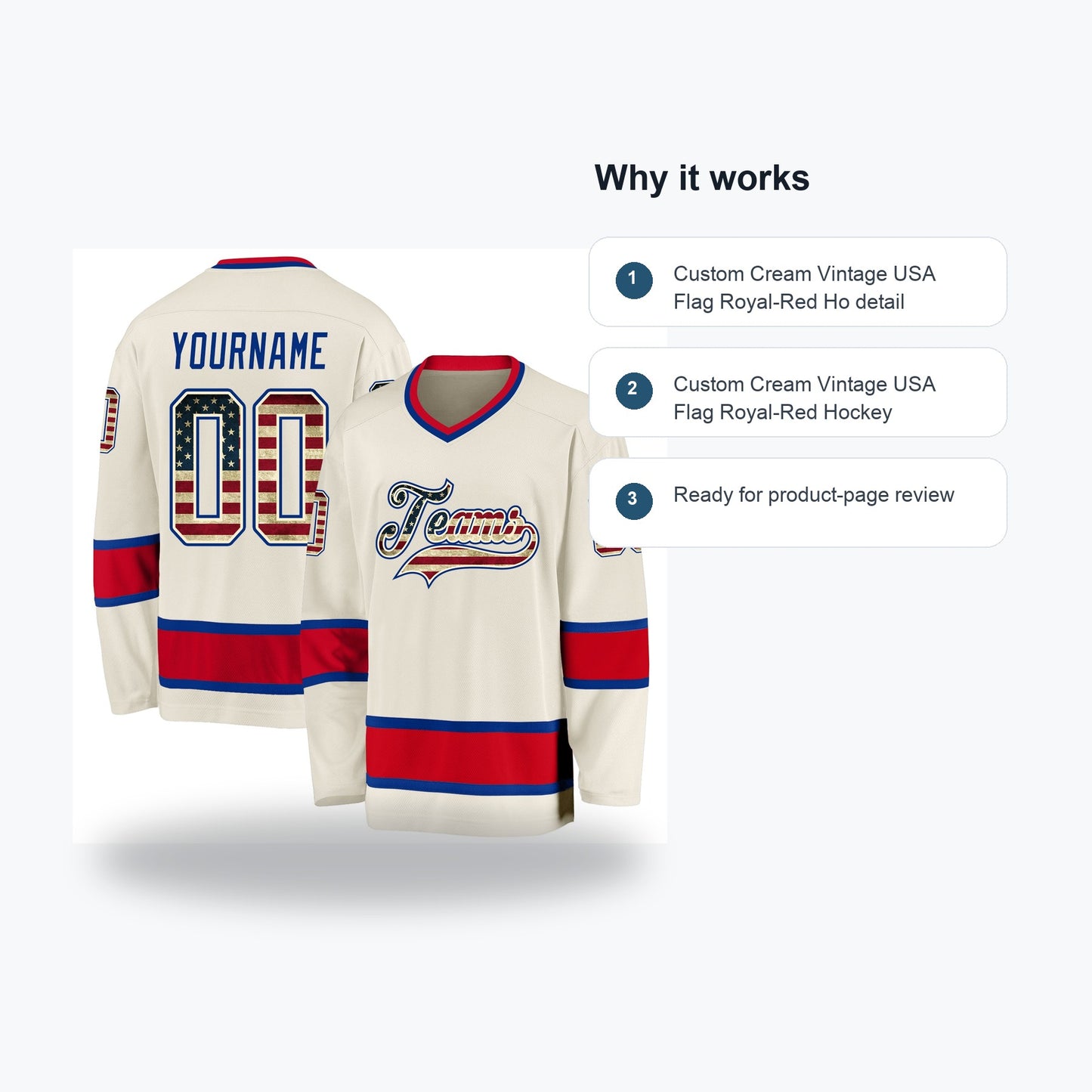 Custom Cream Vintage USA Flag Royal-Red Hockey Jersey - Feature callouts