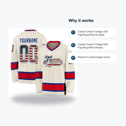 Custom Cream Vintage USA Flag Royal-Red Hockey Jersey - Feature callouts