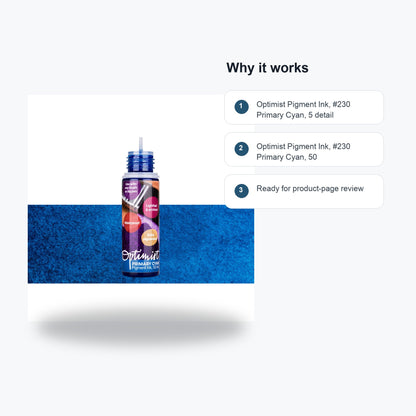 Optimist Pigment Ink, #230 Primary Cyan, 50 mL Precision Bottle - Feature callouts