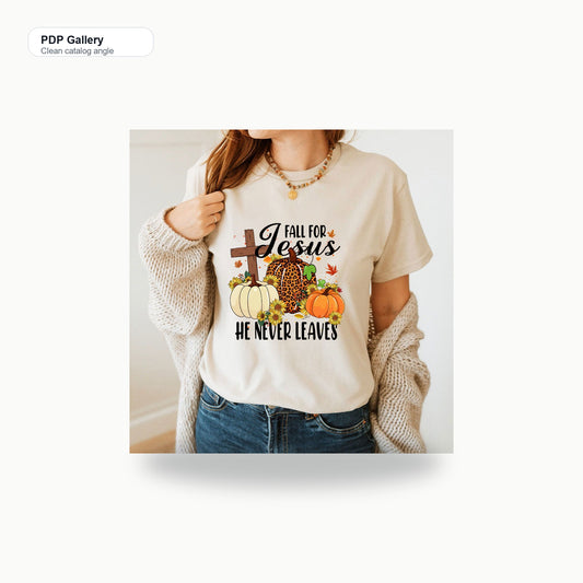 Fall For Jesus He Never Leaves Autumn T-Shirt - Clean catalog angle
