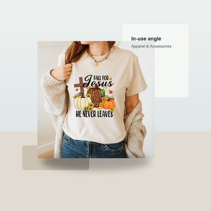 Fall For Jesus He Never Leaves Autumn T-Shirt - Lifestyle context