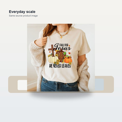 Fall For Jesus He Never Leaves Autumn T-Shirt - Scale and use case
