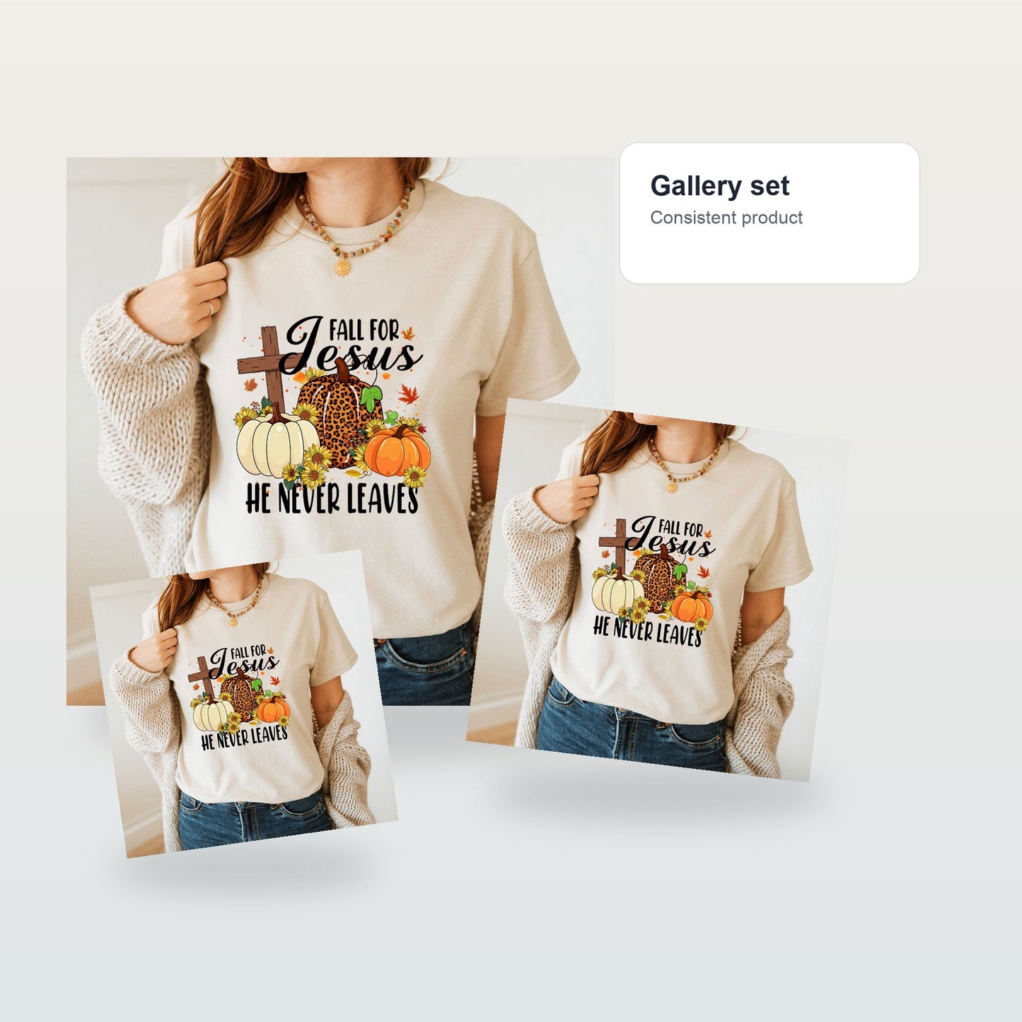 Fall For Jesus He Never Leaves Autumn T-Shirt - Gallery flat lay