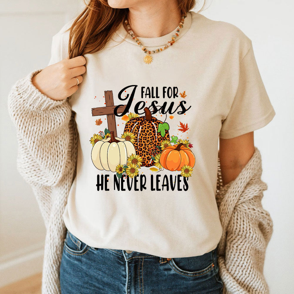Fall For Jesus He Never Leaves Autumn T-Shirt product image