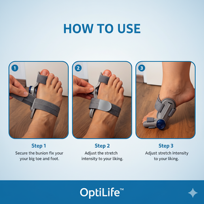 Bunion Fix benefits infographic - key features of Optilife bunion correction device