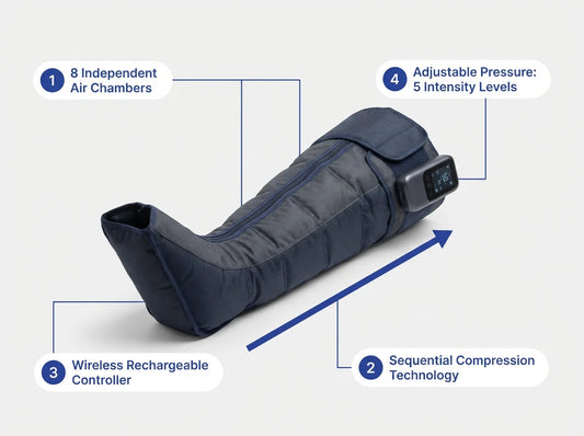 Air Compression Leg Recovery Boots — Feature Callout: 8 Air Chambers, Sequential Compression, Wireless Controller, 5 Intensity Levels