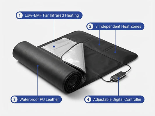 Far Infrared Sauna Blanket — Feature Callout: Low-EMF Heating, 3 Heat Zones, PU Leather, Digital Controller
