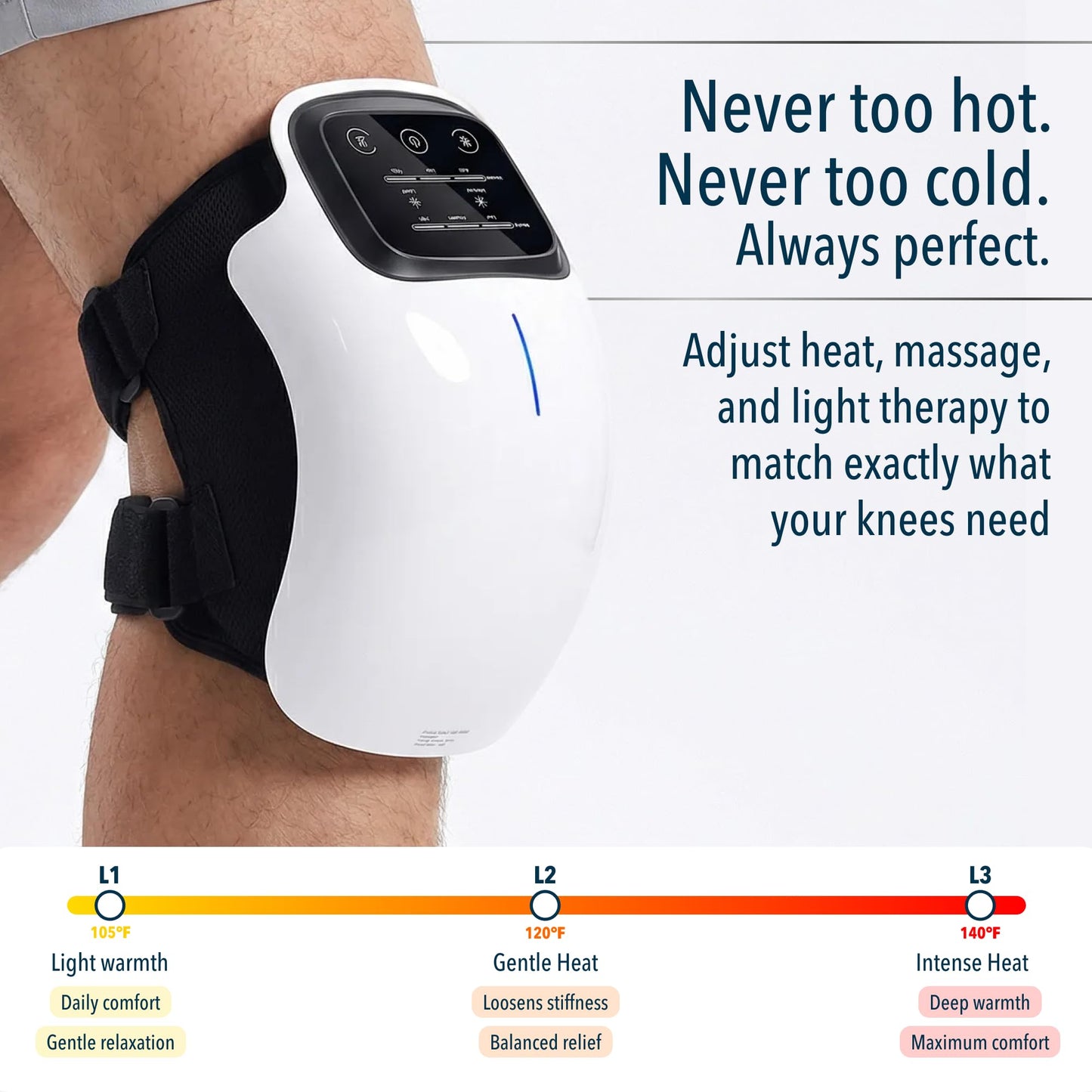 Person using knee therapy device while seated for pain relief